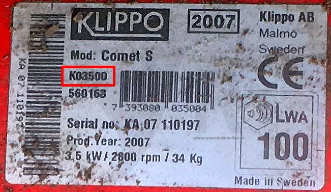Klippo etikett med serienummer, årtal och modell